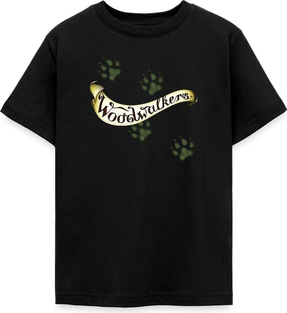 Spreadshirt Woodwalkers Logo-Schriftzug Und Pfotenabdrücken Teenager T-Shirt, 134/146 (9-11 Jahre), Schwarz