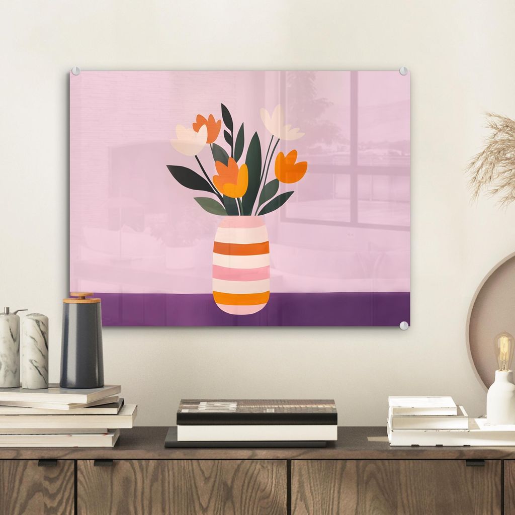 MuchoWow Glasbilder - Bilder auf Wandbild - Foto auf Glas Tulpen - Vase - Streifen - Lila 40x30 cm Wanddekoration aus Glas - Acrylglasbild - Acrylb...