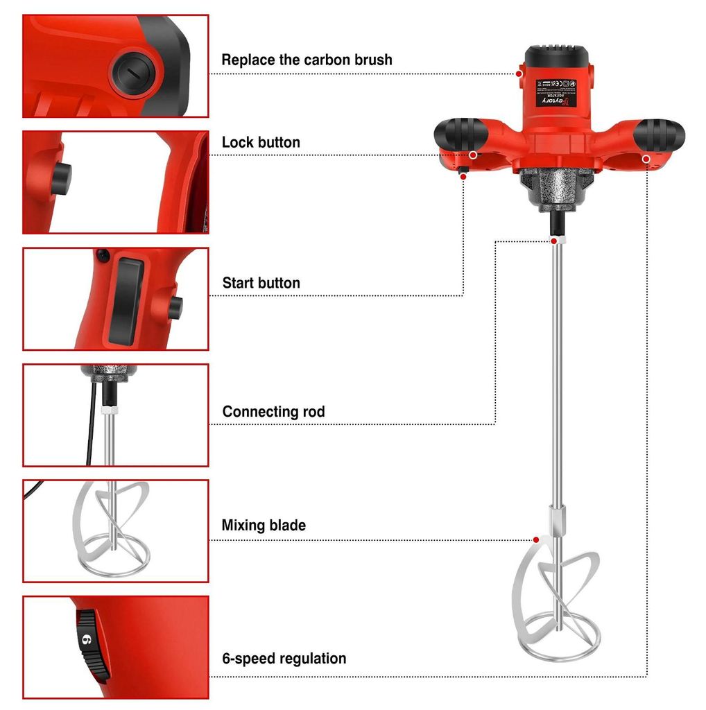 Beton- und Mörtelmischer - Handgeführtes Paddelrührwerk - 2600 W - 0–1700 U/min 6 Stufen - M14 Rührstab Ø12 cm, 57 cm - 220–240 V - Rot