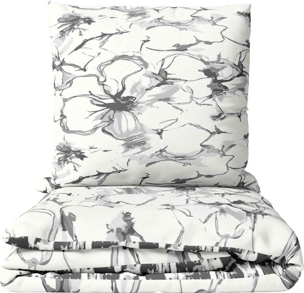 Bettwäsche Baumwolle 155x220 cm Set Renforce Weiß Grau Anthrazit Blumendesign Wendbar mit Reißverschluss