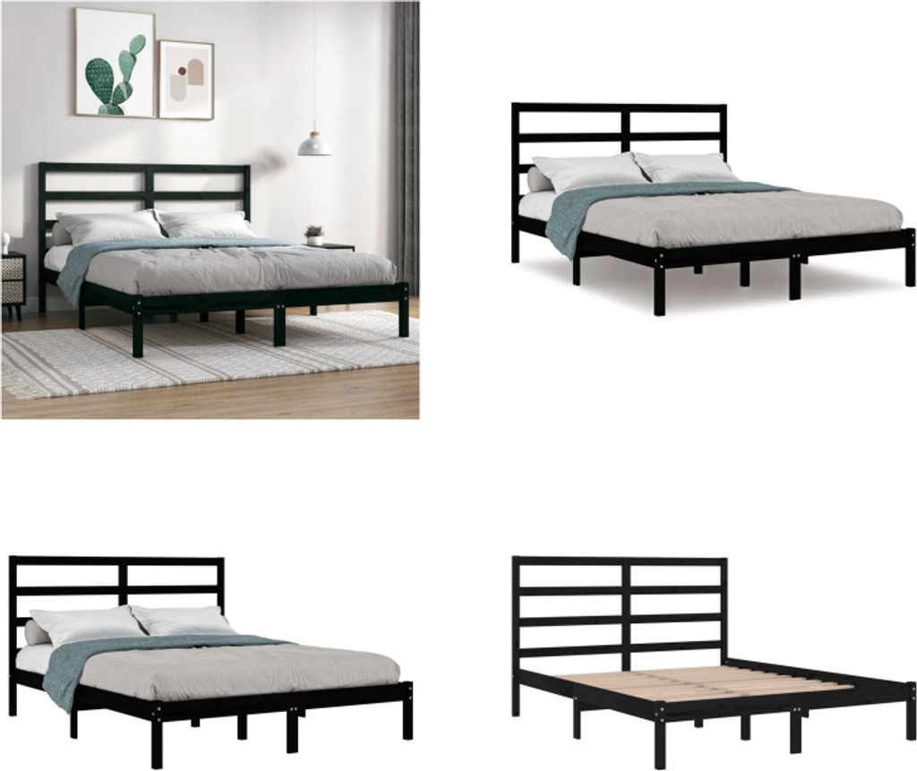 vidaXL Massivholzbett Schwarz Kiefer 140x190 cm - Bettrahmen - Bettgestell - Bett - Holzbett