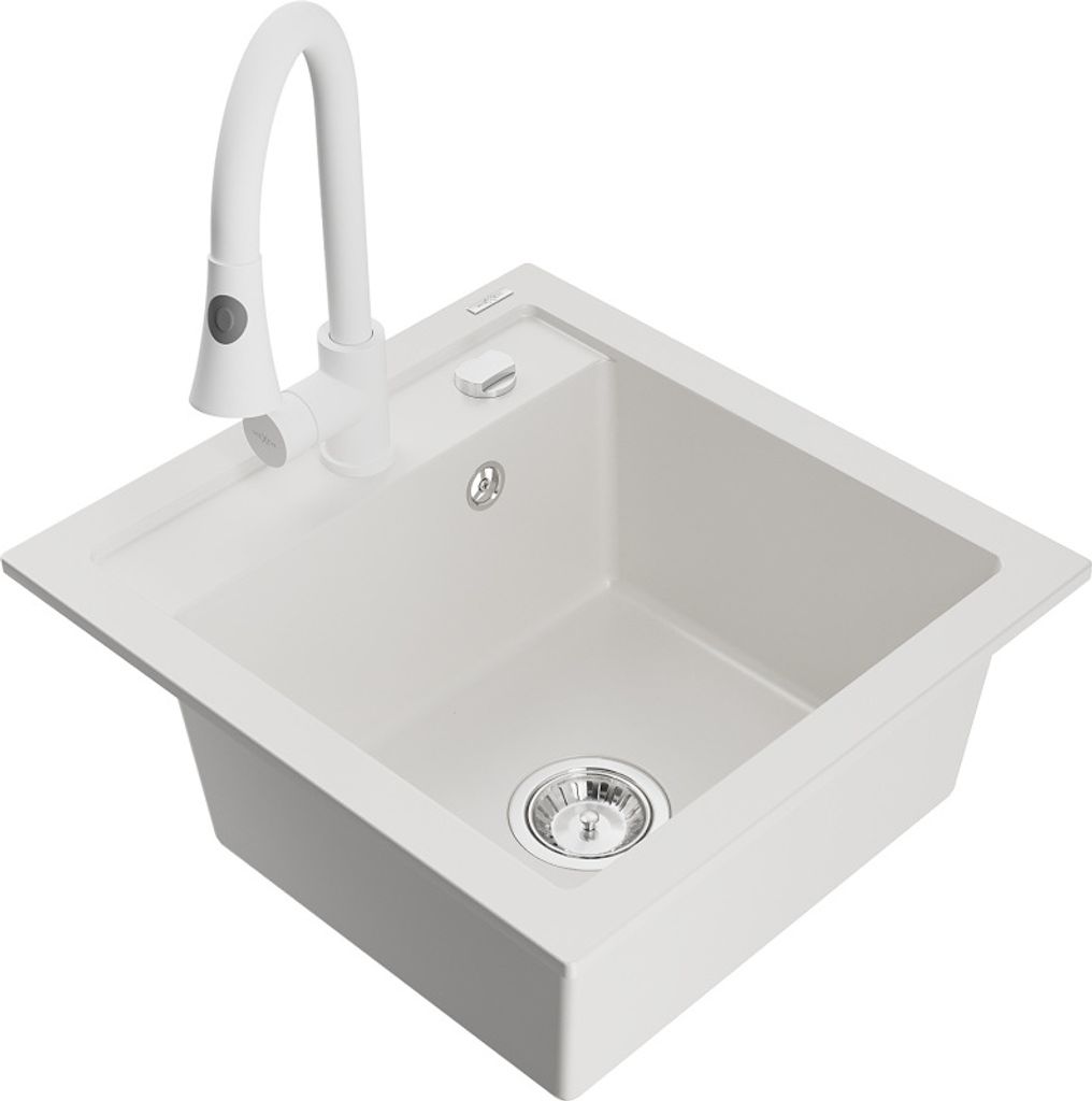 Mexen Vito 1-Becken-Granit-Spüle mit Mischbatterie Elia, Weiß - 6503-20-670101-20