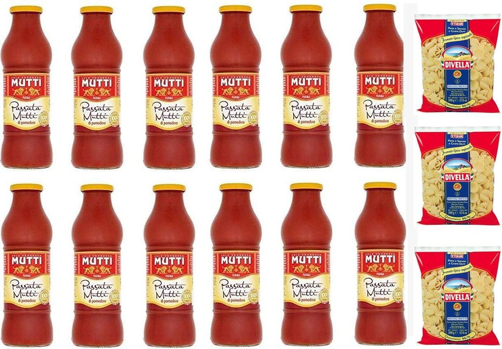 Mutti Passata di Pomodoro Tomatenpaste Tomaten sauce 100% Italienisch 12x 700g + 3x Divella Orecchiette n° 86/b Hartweizengrieß 500gr