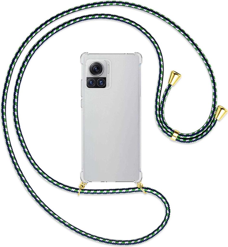 Handykette Backcover-Schutzhülle mit Band (Metall goldfarben) für Motorola Edge 30 Ultra, Moto X30 Pro - grün/blau/weiß