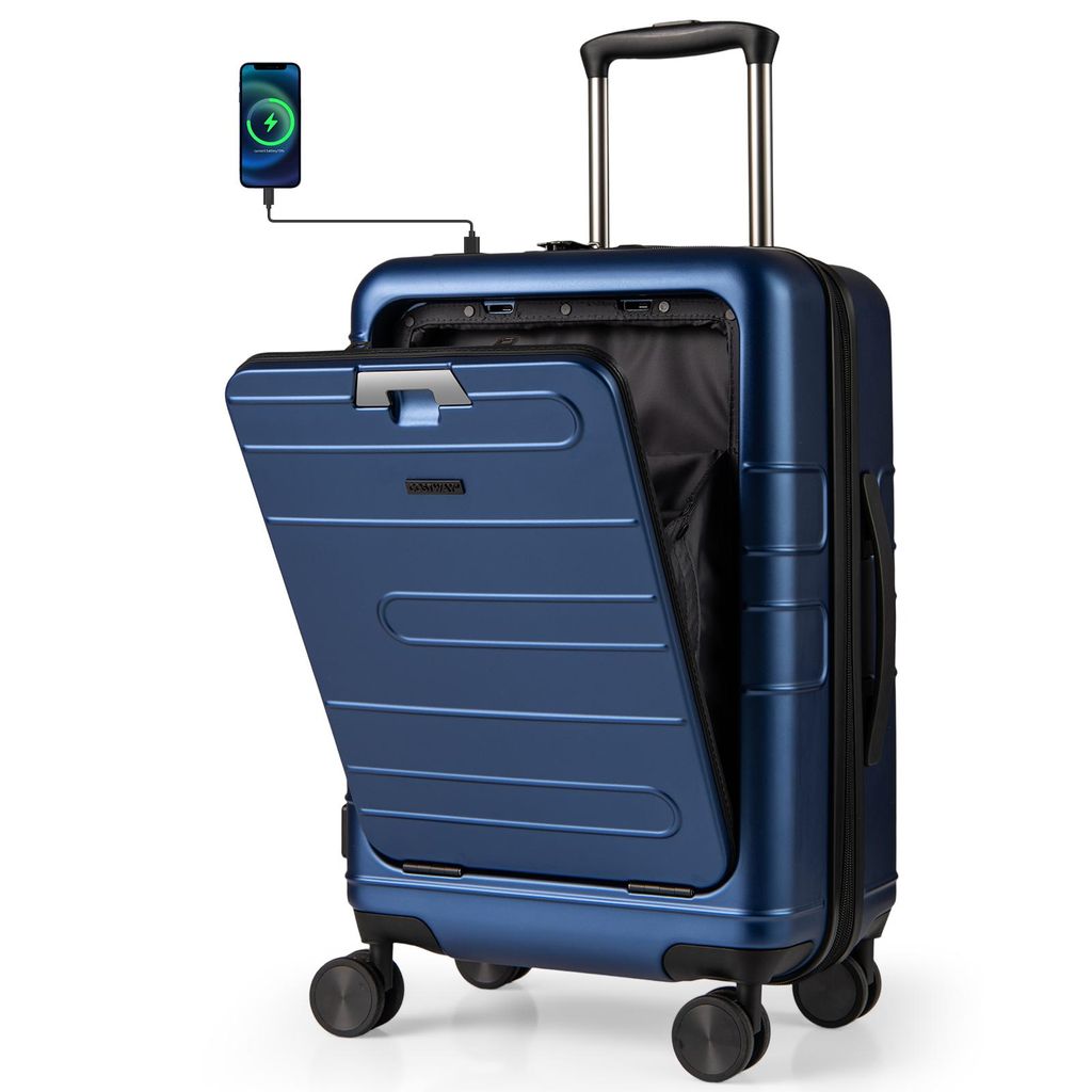 A blue suitcase with its front panel open, showing the interior and charging ports. A smartphone is connected to the suitcase via a cable.