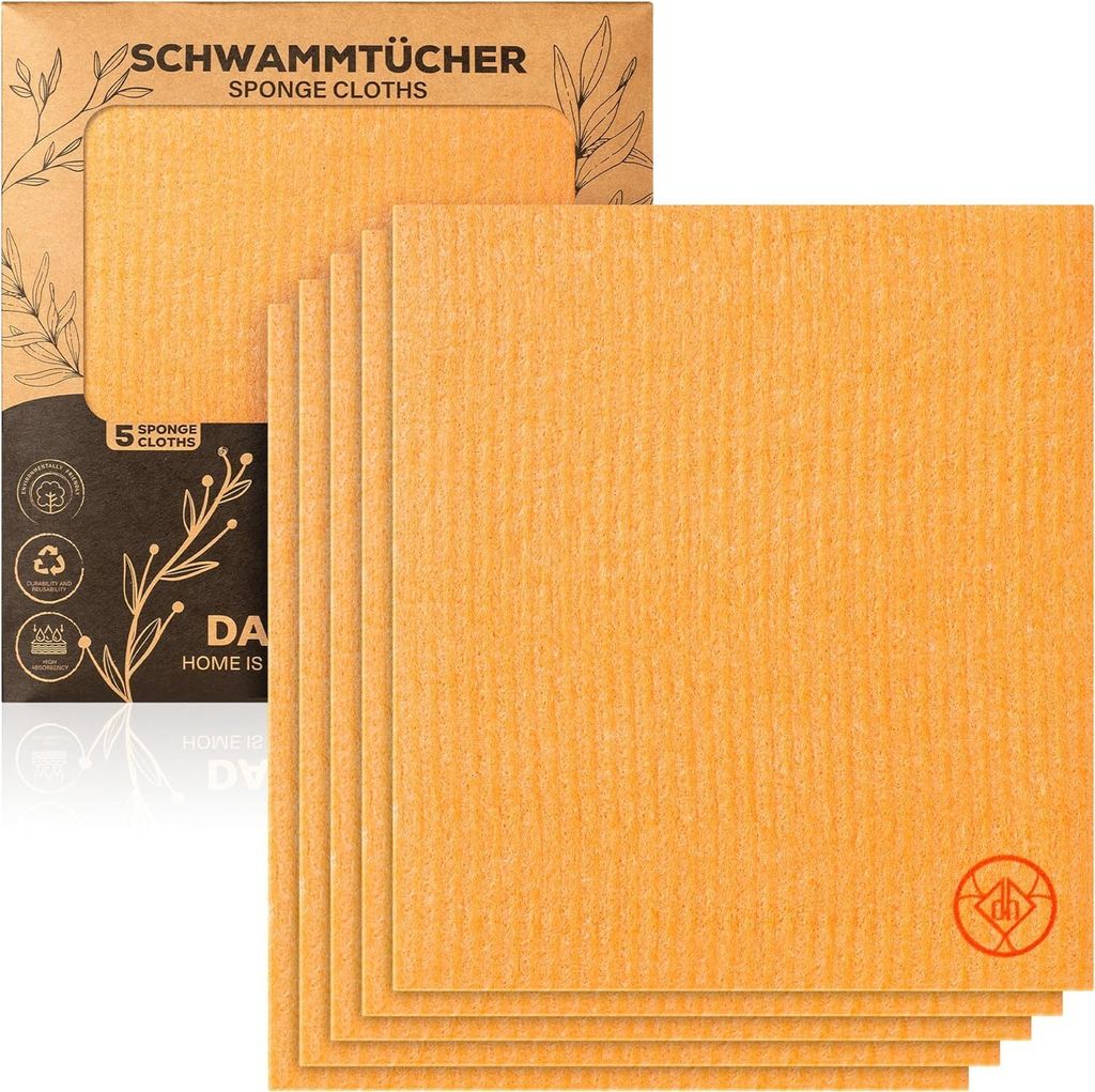 DANIHOME Schwammtücher & Spültücher Set in Orange 5er-Set - Geschirrtücher Baumwolle & Spüllappen - Nachhaltige, Effiziente Haushaltshilfe - D...