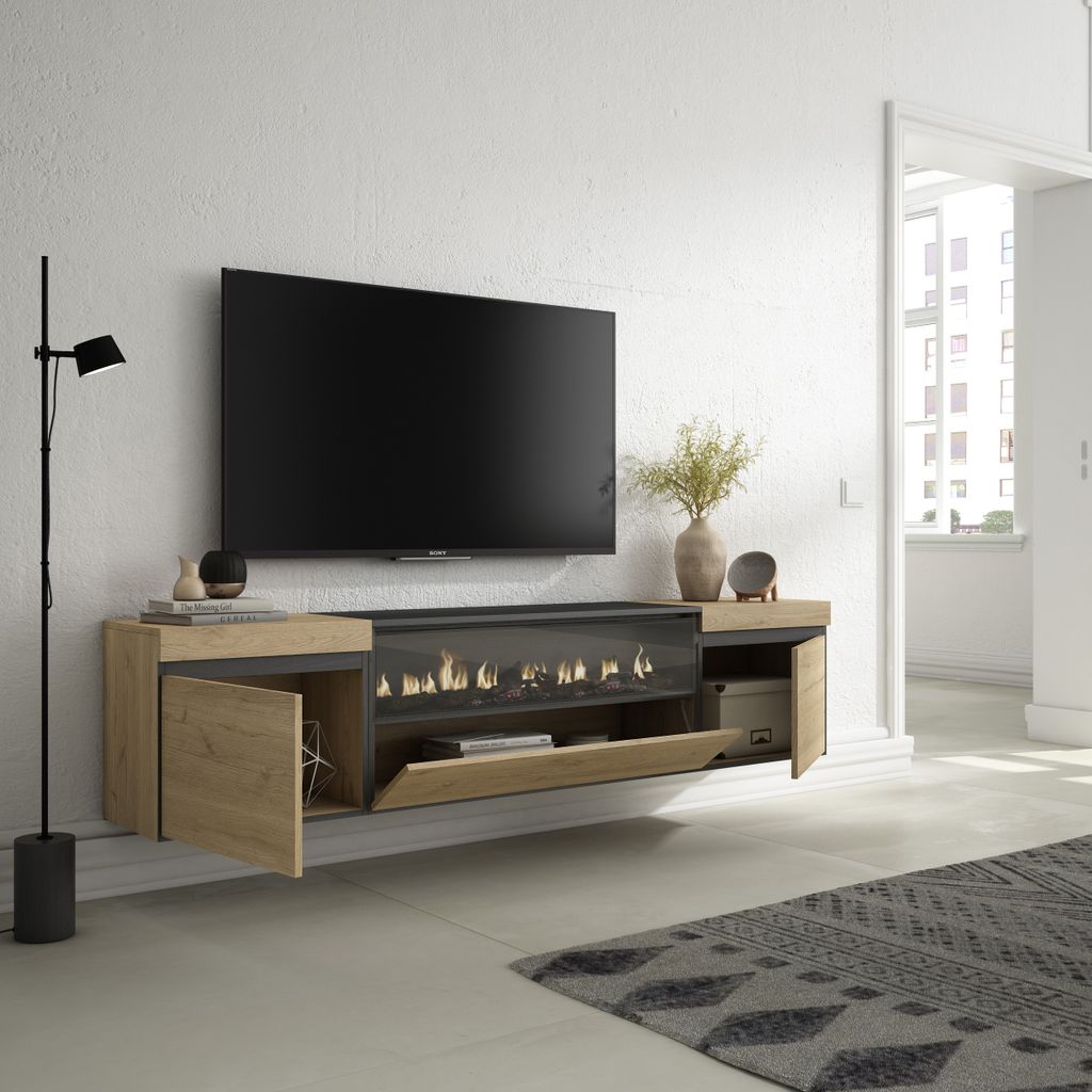 Skraut Home - TV-Schrank, Lowboard, 200x45x35cm, Für TV-Geräte bis zu 80", Elektrokamin. Maße, Hängend, Eiche Schwarz