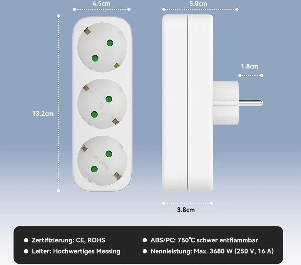 2X 3-Fach EU Steckdosenadapter,3-fach Rund Mehrfachstecker Produktbild 7