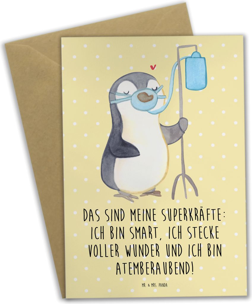 Mr. & Mrs. Panda Glückwunschkarte Pinguin Sauerstoff - Gelb Pastell - Geschenk, Sauerstofftherapie, Grußkarten, hochzeitskarten, einladungskarten...