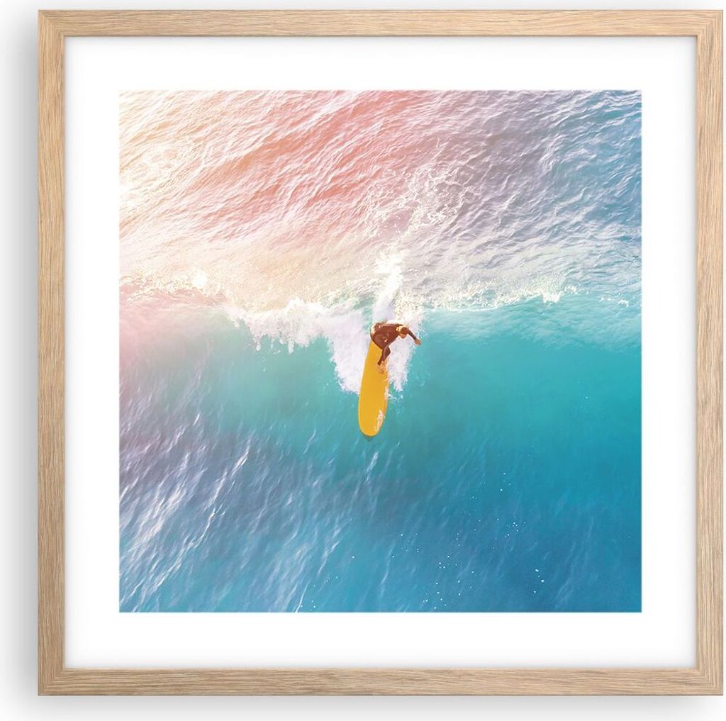 Gerahmtes Poster - Rahmen in heller Eiche - Surfen Welle Licht - 40x40 cm - Wand Bild - Wanddeko - Wandbilder - Kunstposter - Wandposter - Bilderra...