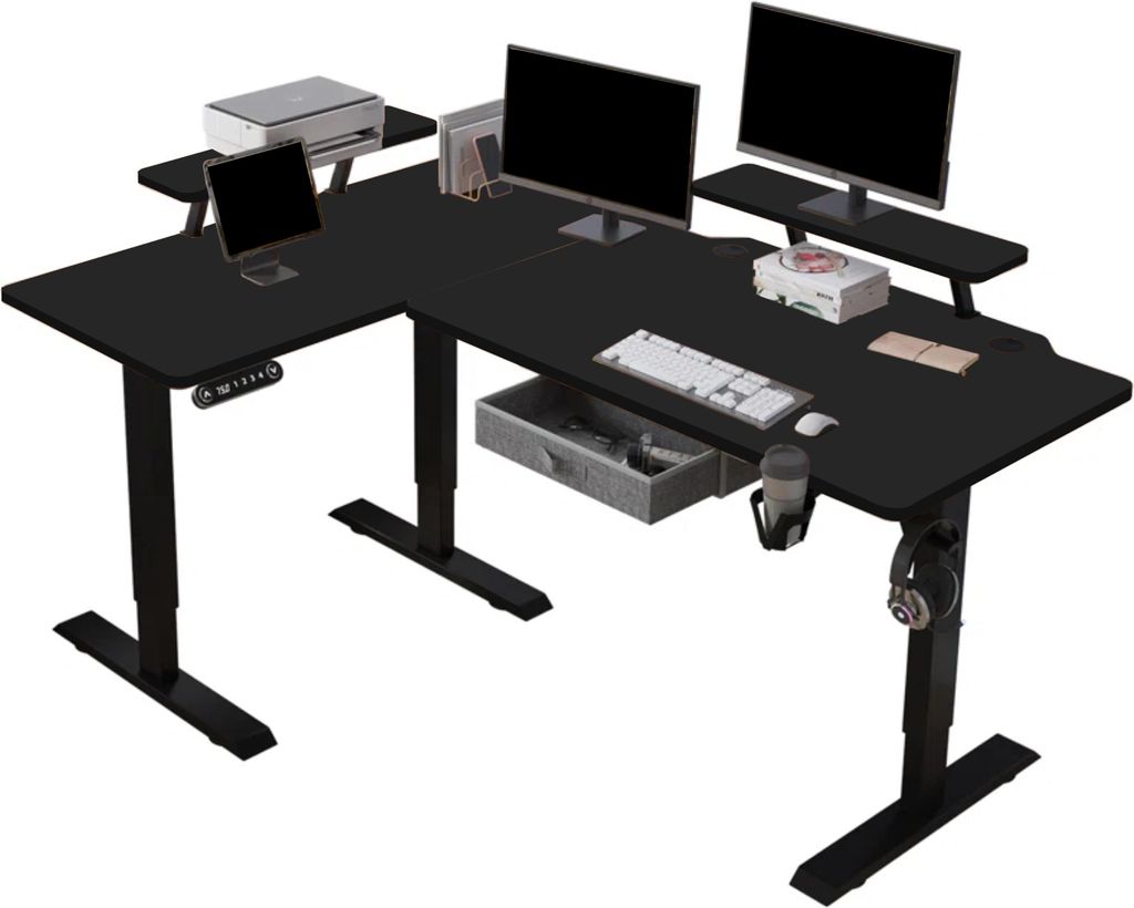 A black L-shaped standing desk with two monitors, a printer, a keyboard, a mouse, and a headphone stand.