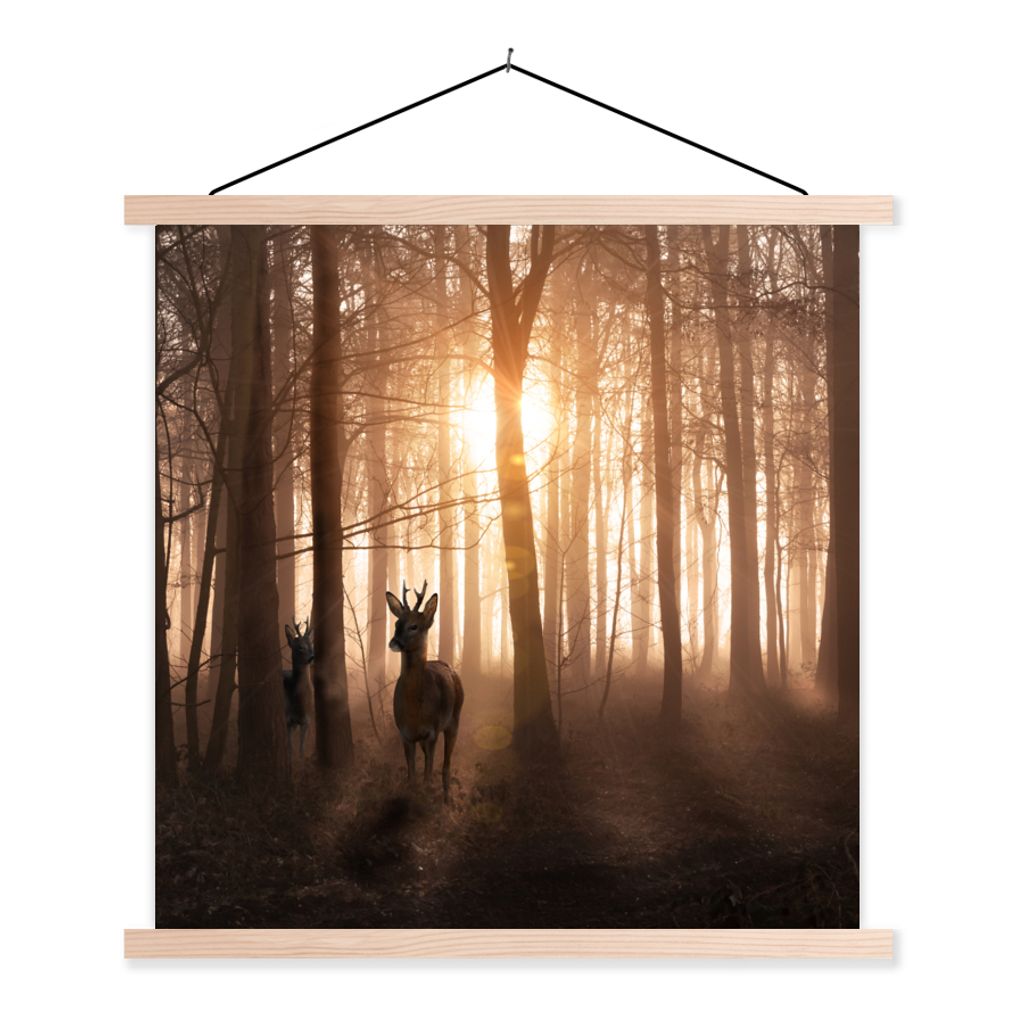 MuchoWow Textilposter Wald - Hirsche - Sonne - Bäume - Winter - Natur - Tiere 60x60 cm mit holzfarbenen Rahmen - Wanddekoration