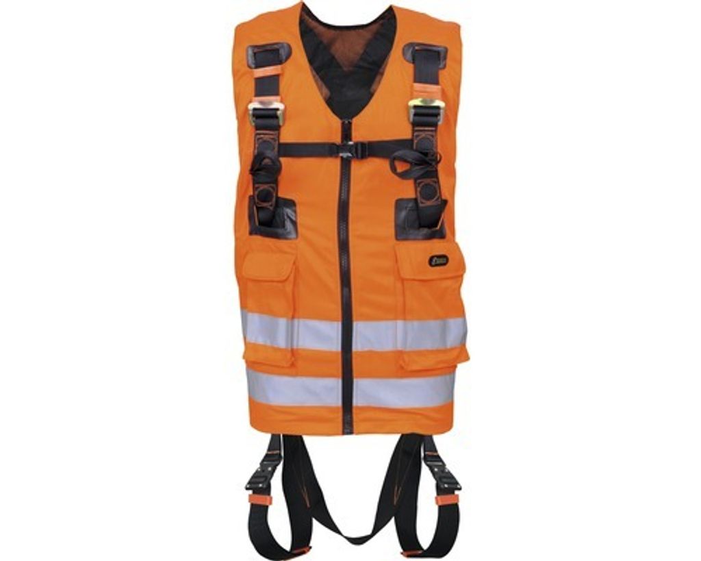 Kratos Zweipunkt Auffanggurt mit hoch-sichtbarer orangen Arbeitsweste, Warnweste, mehrere Taschen, PSA, EN361, EN471