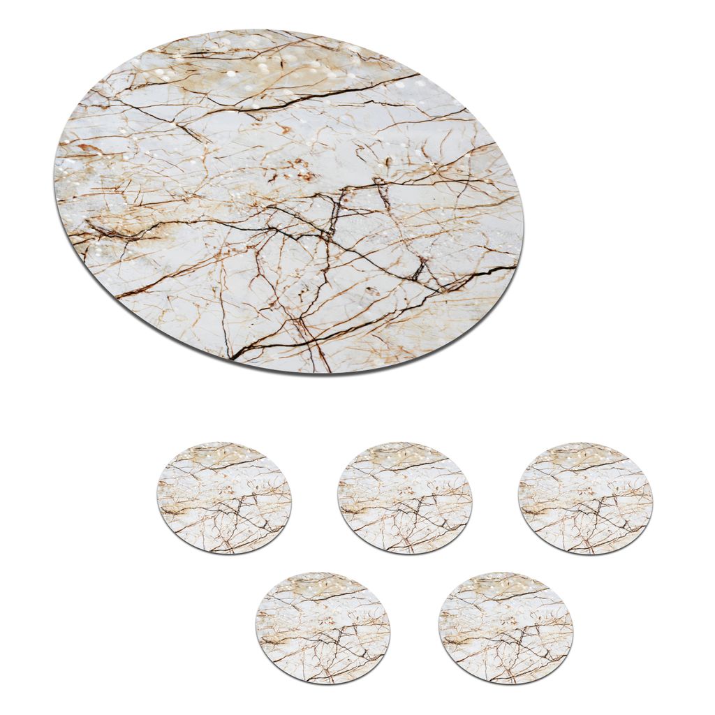 KitchenYeah Glasuntersetzer Rund 6er Set Marmor - Weiß - Braun 10x10 cm Untersetzer für Gläser - Getränkeuntersetzer - Tischplattenschutz - T...