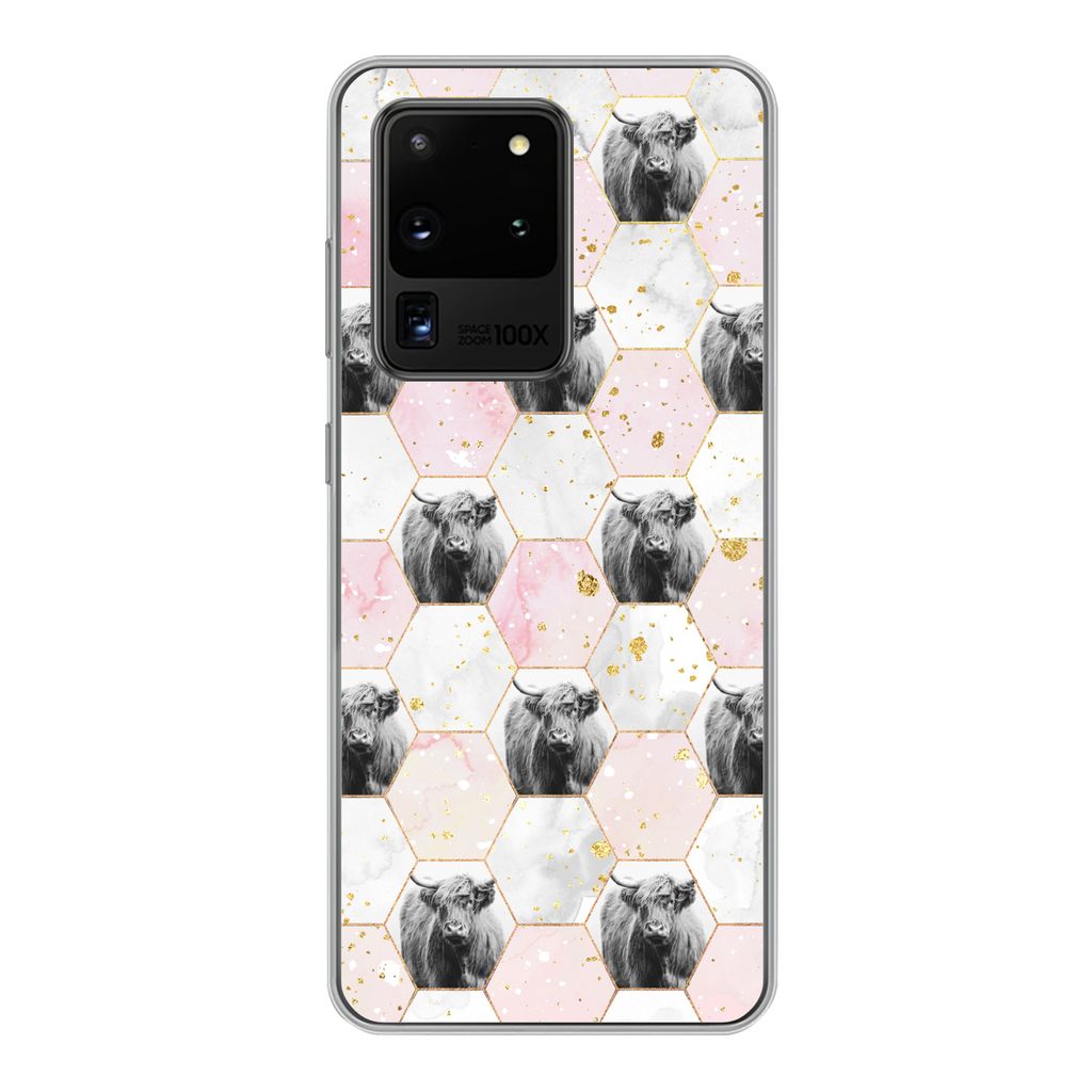 MuchoWow Handyhülle Schutzhülle Hülle für Samsung Galaxy S20 Ultra Schottischer Highlander - Muster - Gold Silikon Softcase Handy Hülle - Ka...