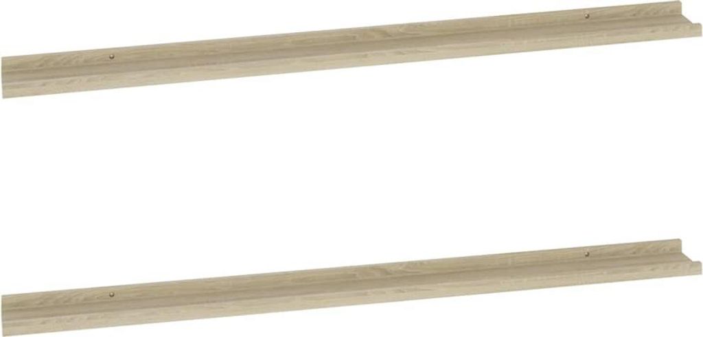 Two identical wooden shelves are shown against a white background.