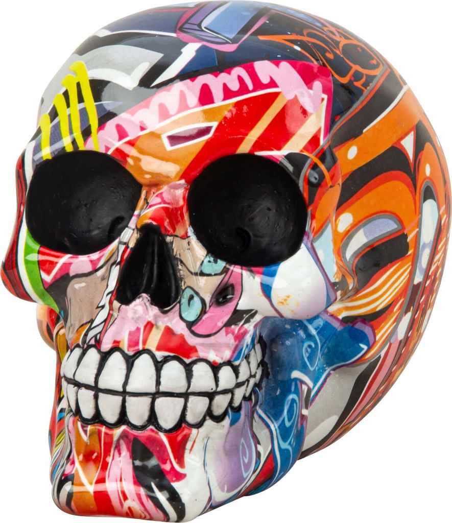 Totenkopf Skulptur Dekofigur Pop Art aus Kunststein mehrfarbig Höhe 12cm b=15cm