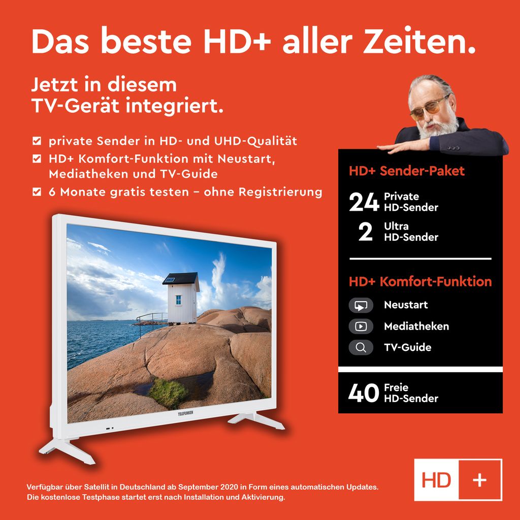Energieklasse F - 6 Monate HD+ inklusive HD ready, HDR, Triple-Tuner, 12 Volt Anschluss Telefunken XH24K550V-W 24 Zoll Fernseher / Smart TV 2022
