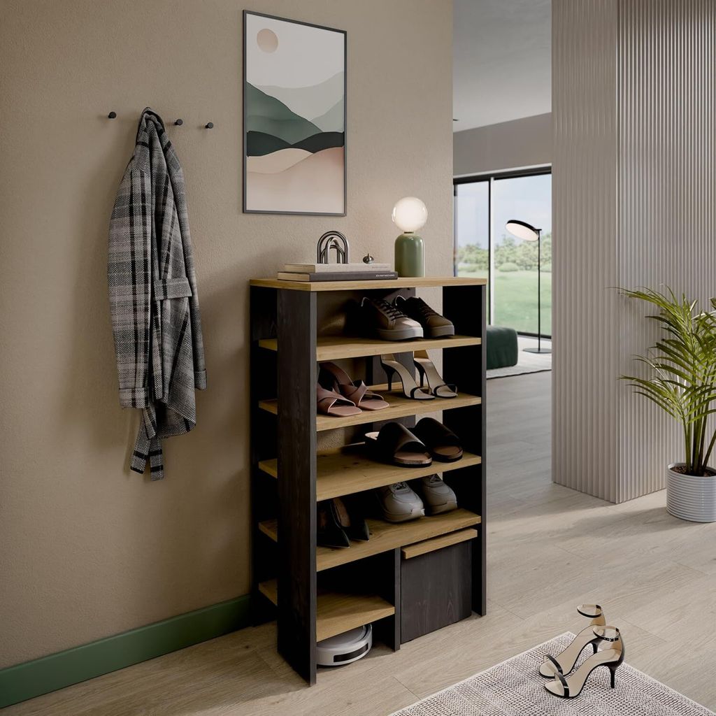 PLATAN ROOM Schuhschrank 100x60x35 Schuhregal mit Sitz Schuhablage mit 6 Ebenen Eiche Gold / Schwarz