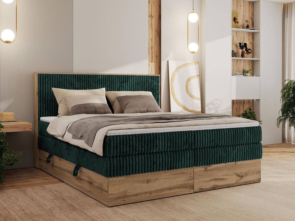 MKS MEBLE Boxspringbett WOOD CLASSIC KING, Doppelbett mit zwei Multipocket-Matratze und Topper T25, hohe Kopfteil, Stauraum - 140 x 200 cm - H3 - D...