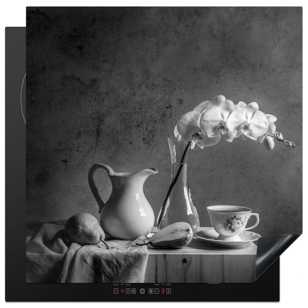 KitchenYeah Herdabdeckplatte Tisch - Stilleben - Schwarz - Weiß , 78x78cm, Küche Deko, Glaskeramikkochfeld Herdabdeckung, Abdeckplatte fùr Koc...