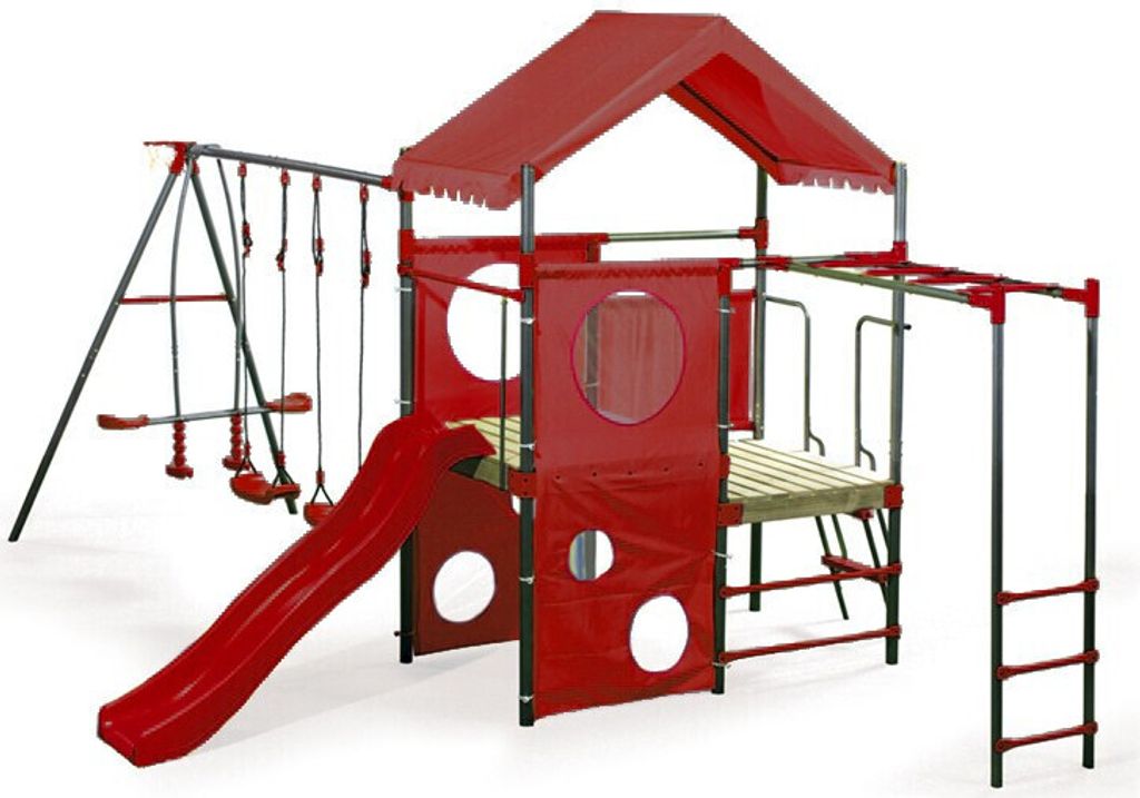 A red metal playground set with swings, a slide, and a monkey bar, shown against a white background.