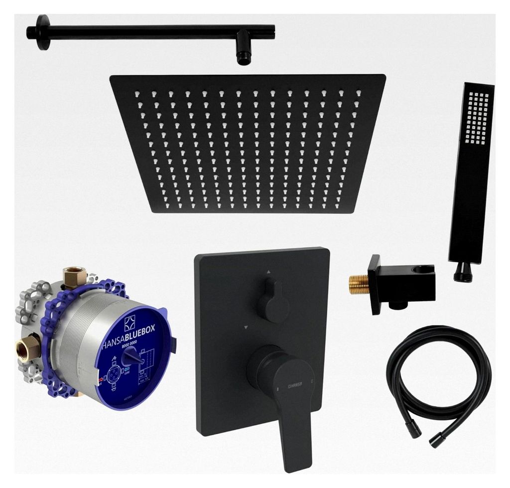 Duschsystem mit Unterputzarmatur von Hansa Twist, Einhebelmischer und Regendusche, Duschkopf eckig, Dusch-SET schwarz matt
