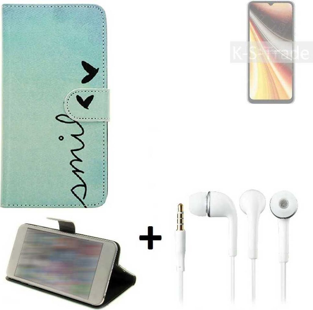 K-S-Trade Schutz Hülle Handy Hülle kompatibel mit UMIDIGI Power 7 Max 360° Wallet Case Schutz Hülle ''smile'' inkl. Ohrstöpsel Smartphone cover