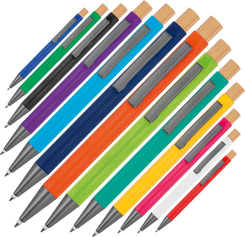 13x Kugelschreiber aus recyceltem Aluminium mit Bambusdrücker / 13 Farben