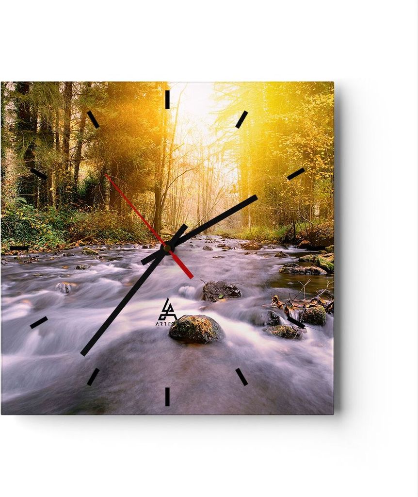 Wanduhr - Quadrat - Glasuhr - Herbst Wald Berg Fluss - 30x30cm - Schleichendes Uhrwerk - Lautlos - zum Aufhängen bereit - Dekoration Modern - Wand...