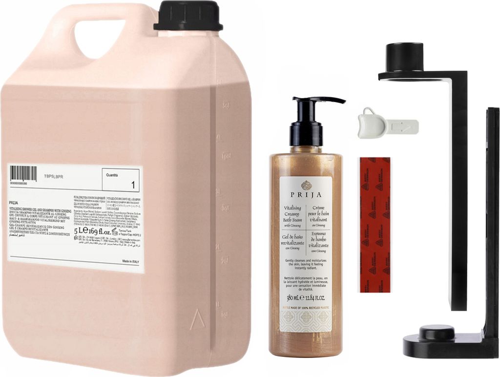 PRIJA Badezimmer-Set: schwarzer Flaschenhalter, 380ml feines Badezusatzmittel + 5l Vorrat