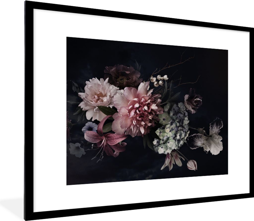MuchoWow Gerahmtes Poster Blumen - Vintage - Pastell - Rosa - Weiß 80x60 cm - Poster mit Schwarzem Bilderrahmen Wandposter Rahmen Foto Bilder - ...
