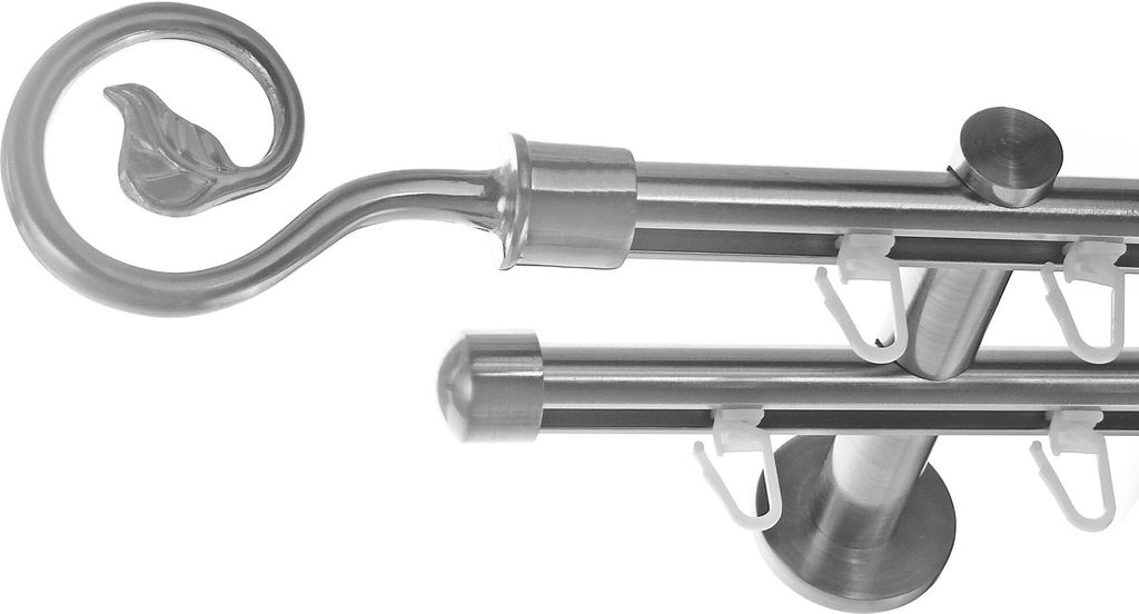 Innenlauf Gardinenstange Edelstahl look, Durchmesser 16mm, Wandträger H80, 2-läufig, Länge 400, Endkappe E20