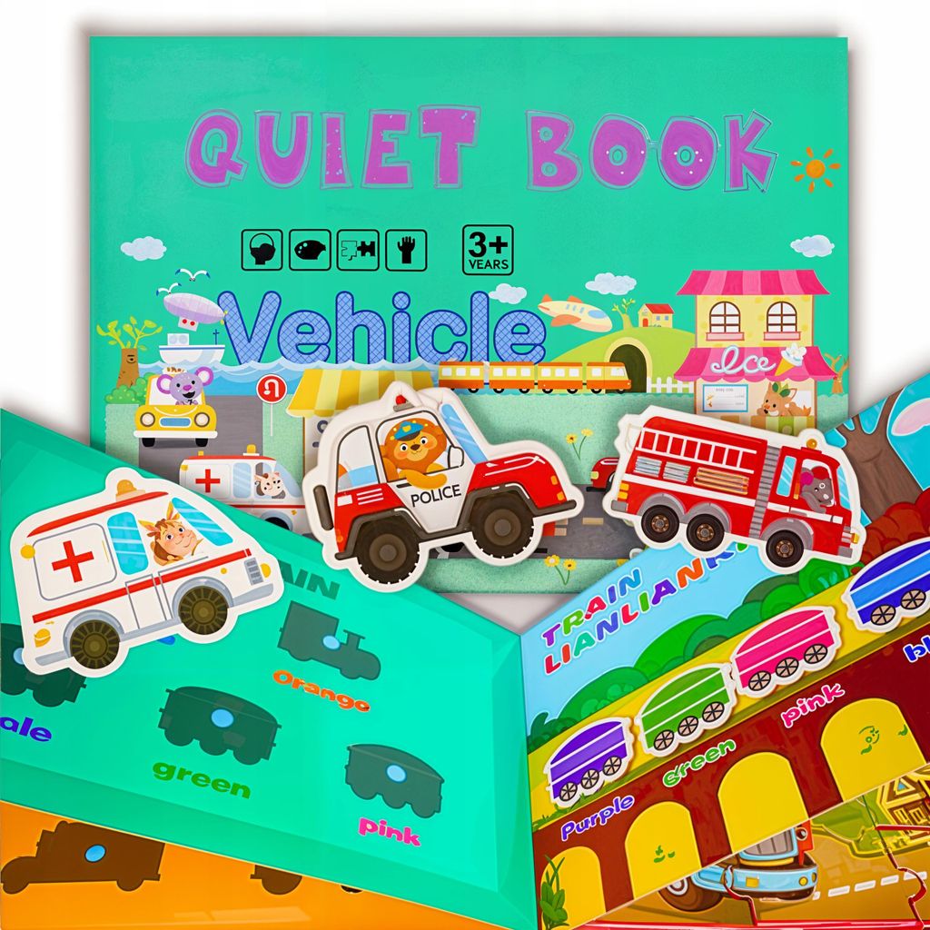 Montessori Sensorikbuch für Kinder Quiet Book mit Klett Fahrzeuge Stoffbuch Motorikspielzeug