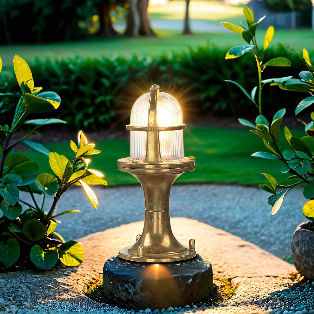 Maritime Sockelleuchte Messing Riffelglas 25 cm Außenbereich Außenlampen Antik Terrasse Garten Weg