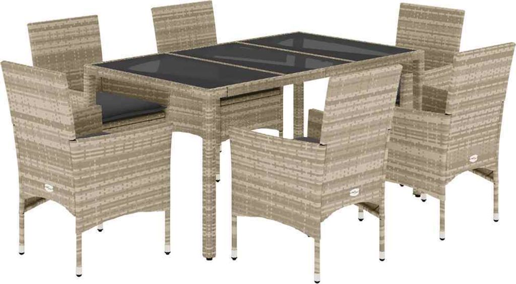 vidaXL 7-tlg. Garten-Essgruppe mit Kissen Hellgrau Poly Rattan & Glas