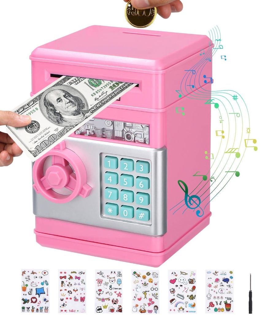 Elektronischer Sparsafe, passwortgeschützter Sparsafe für Kinder, große Ausführung mit lustigen Aufklebern, rosa