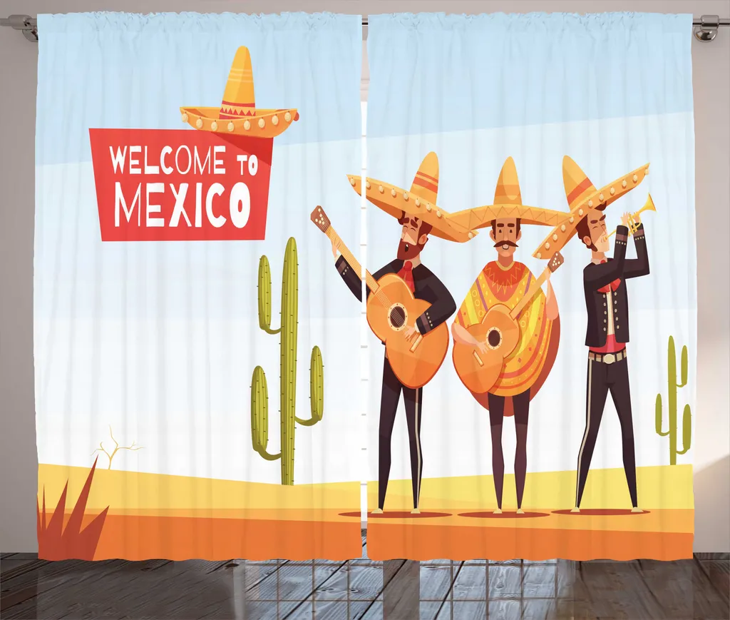 Rideau de Chambre à Fronces Motif Mariachis du Mexique Multicolore