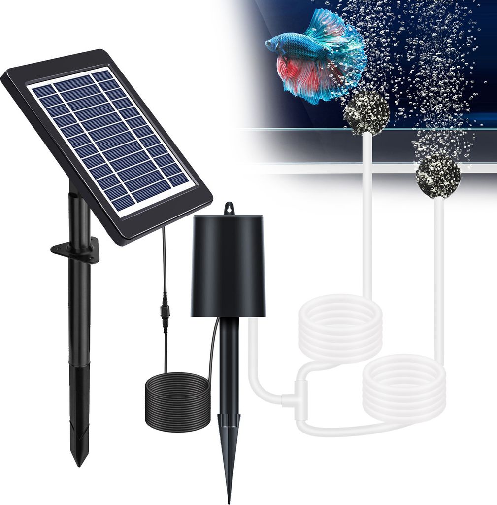 Solar-Teichbeluefter mit Luftpumpe, 3 Modi, 4 W, Luftsauerstoffpumpe mit Rohr, 2 Luftblasensteine, kein Laerm, solarbetriebener Teichbeluefter fuer...