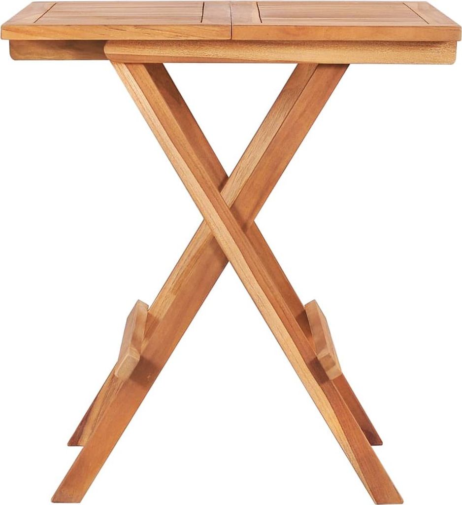A wooden bistro table with an X-shaped base, shown from the side against a white background.