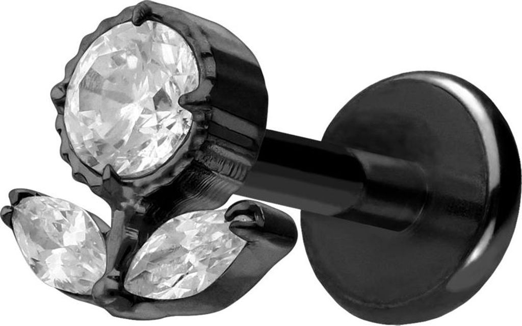 Ohrpiercing, Nasenpiercing Titan Labret mit Push Fit KRISTALLBLUME Schwarz Stablänge: 6mm | Stabstärke: 1mm