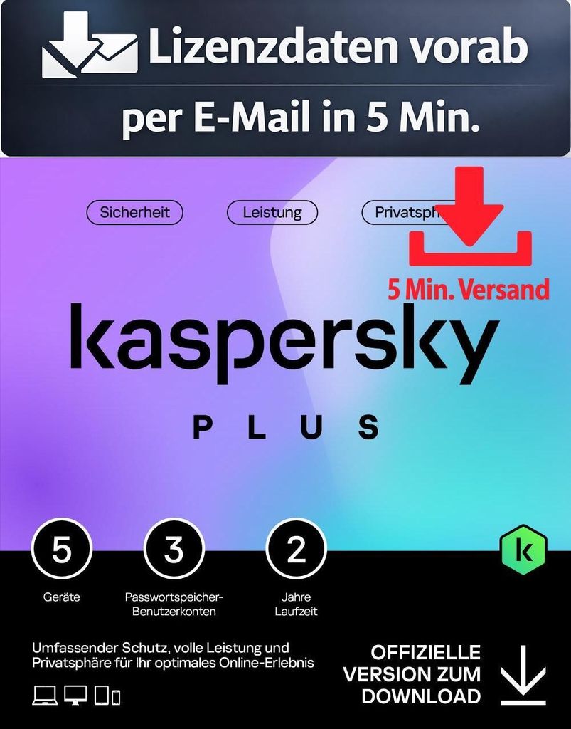 Kaspersky Plus (5 Device - 2 Jahre) ITALY ESD Antivirus Sicherheit 5 Min. Versand als Download per Mail