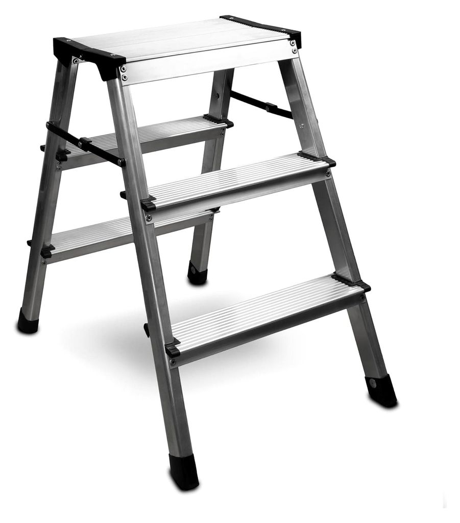 Trittleiter 2 x 3 Stufen, Aluminium Klapptritt, beidseitig begehbare Haushaltsleiter, belastbar bis 150 kg,