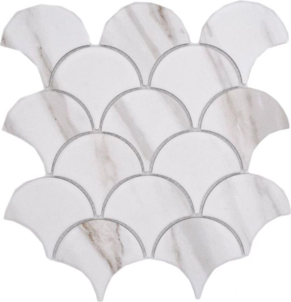 Keramik Mosaik Fächer Calacatta Fischschuppen weiß graubraun matt MOS13-FS112