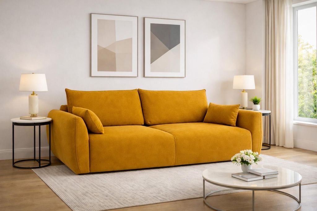 Kaiser Möbel Sofa mit Schlaffunktion und Bettkasten, Veloursstoff Salvador, Gelb, Zephira