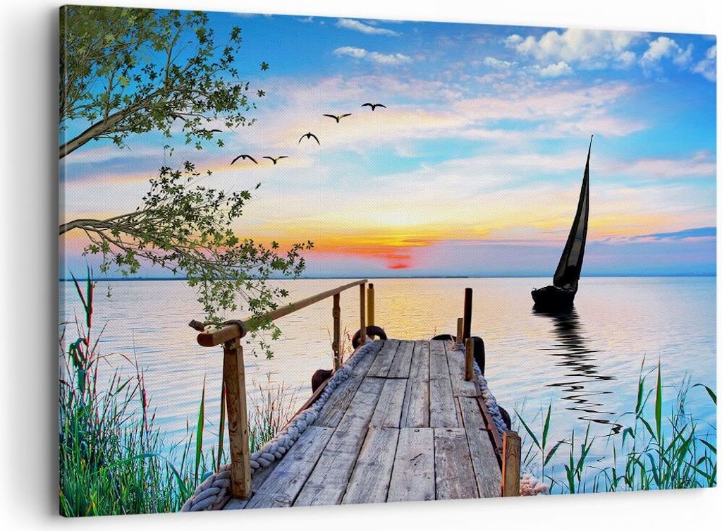 Bild auf Leinwand - Leinwandbild - Brücke See - 100x70cm - Wand Bild - Wanddeko - Wandbilder - Leinwanddruck - Bilder - Kunstdruck - Wanddekoratio...