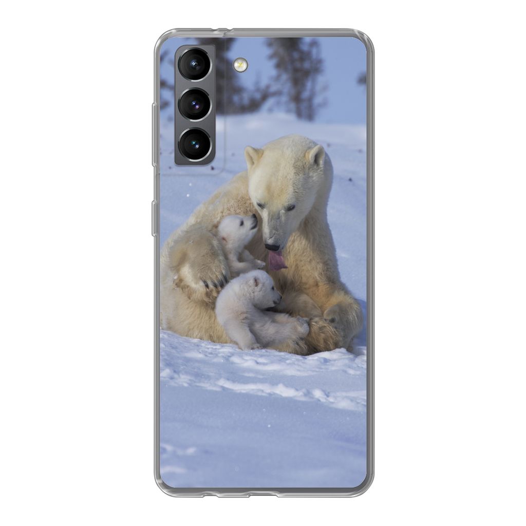 MuchoWow Handyhülle Schutzhülle Hülle für Samsung Galaxy S21 Eisbären - Schnee - Weiß Silikon Softcase Handy Hülle - Softcase