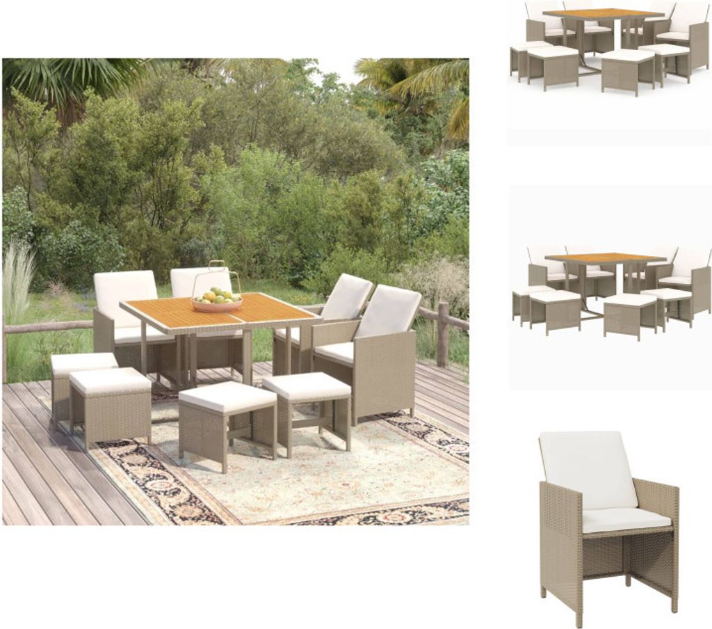 vidaXL 9-tlg. Garten-Essgruppe mit Kissen Poly Rattan Beige Produktbild 