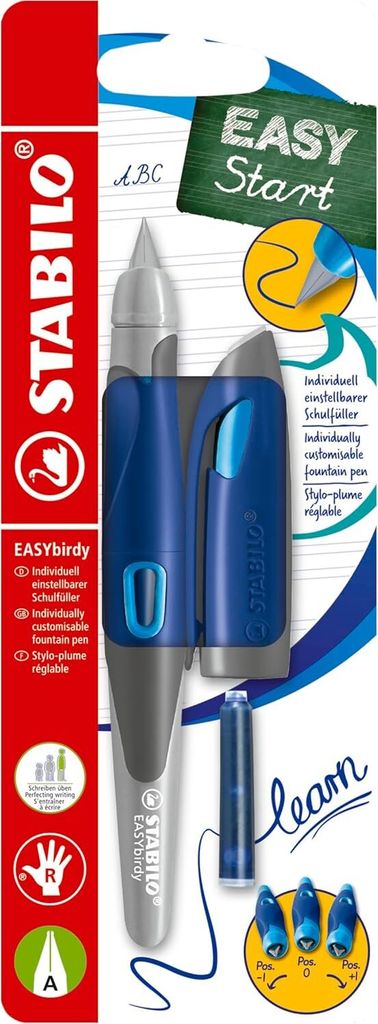 The image shows the packaging of a STABILO EASYbirdy fountain pen, highlighting its features and ergonomic design for beginners.