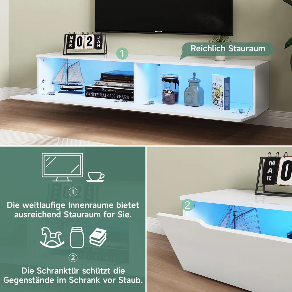 Meuble TV Suspendu Blanc Brillant LED SONNI 160 cm - Rangement Mural - 13